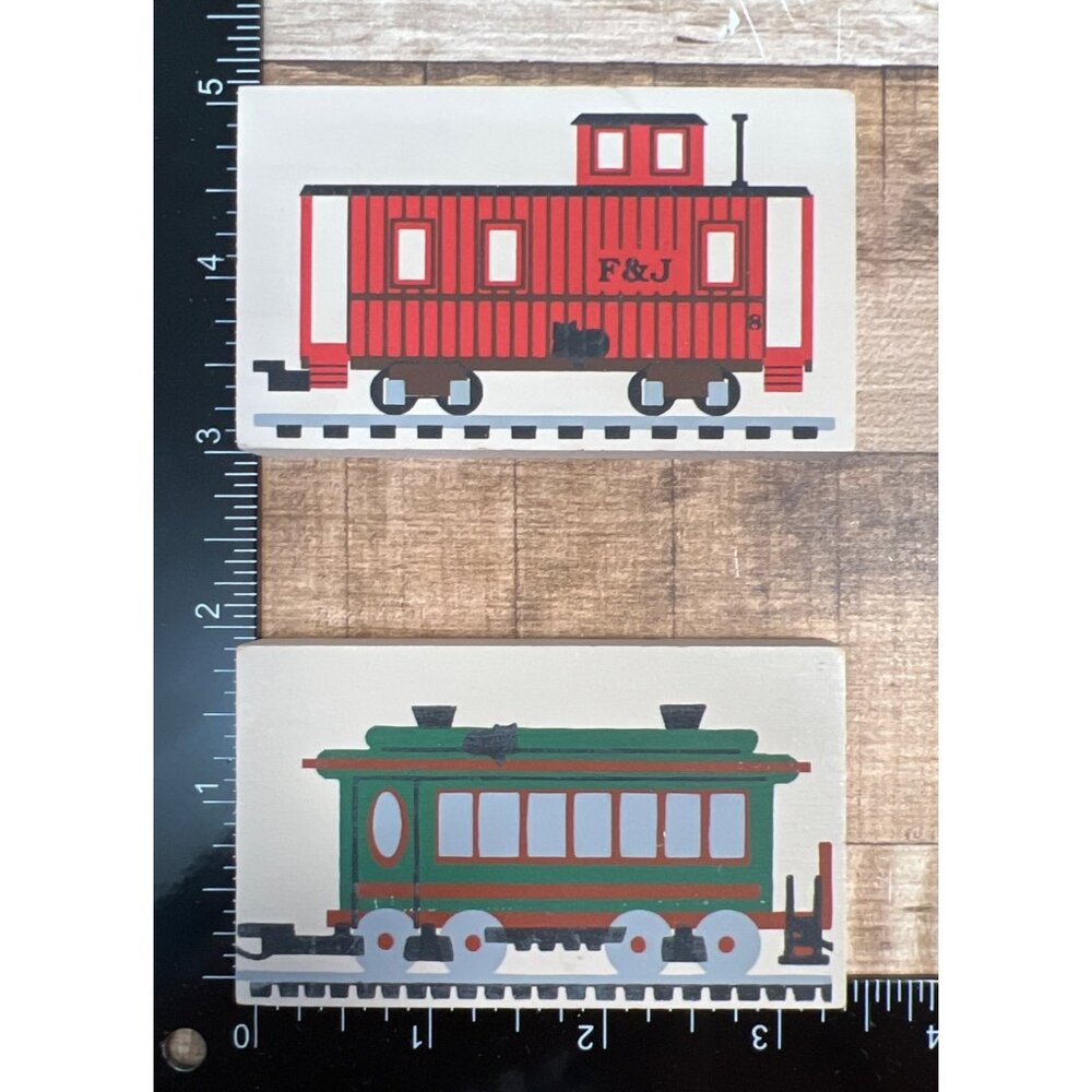 Cat's Meow Hand-Painted Wooden Train Blocks Set Of 2 With Red & Green Designs